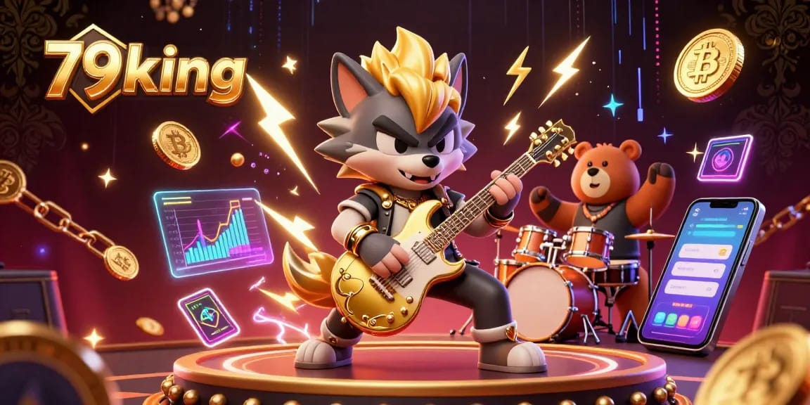 Engage with 79king casino excitement through vibrant 3D illustration featuring a rock star wolf and drummer bear.
