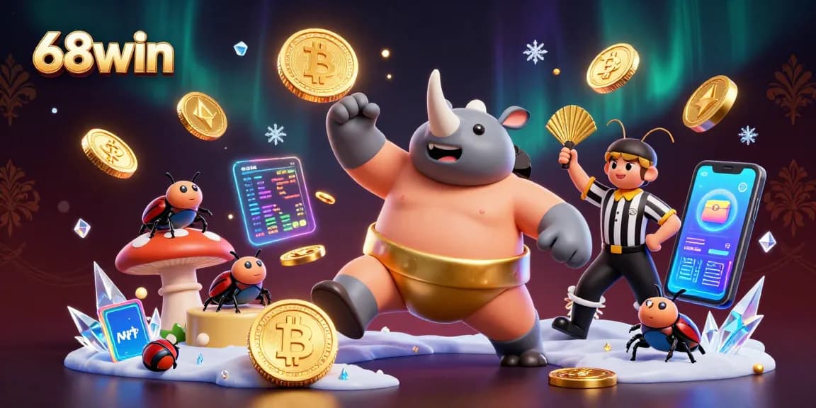 Experience the excitement of 68win with a dynamic 3D casino scene featuring vibrant characters.