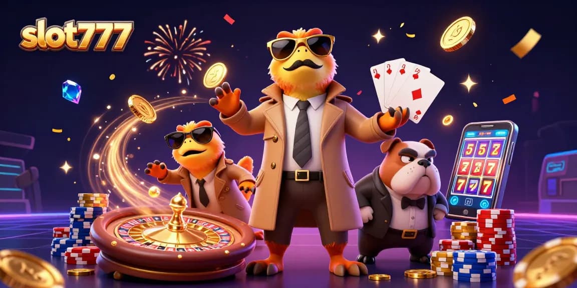 Experience excitement with slot777 as cartoon raptors sneak into a VIP casino lounge amidst falling coins.