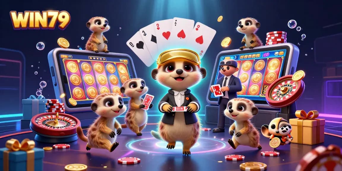 WIN79 meerkats managing a vibrant casino operation with dynamic game elements and dazzling visuals.