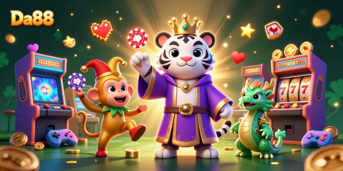 Join the fun with Da88 as the cartoon white tiger, golden monkey, and jade dragon revel in a vibrant casino adventure!