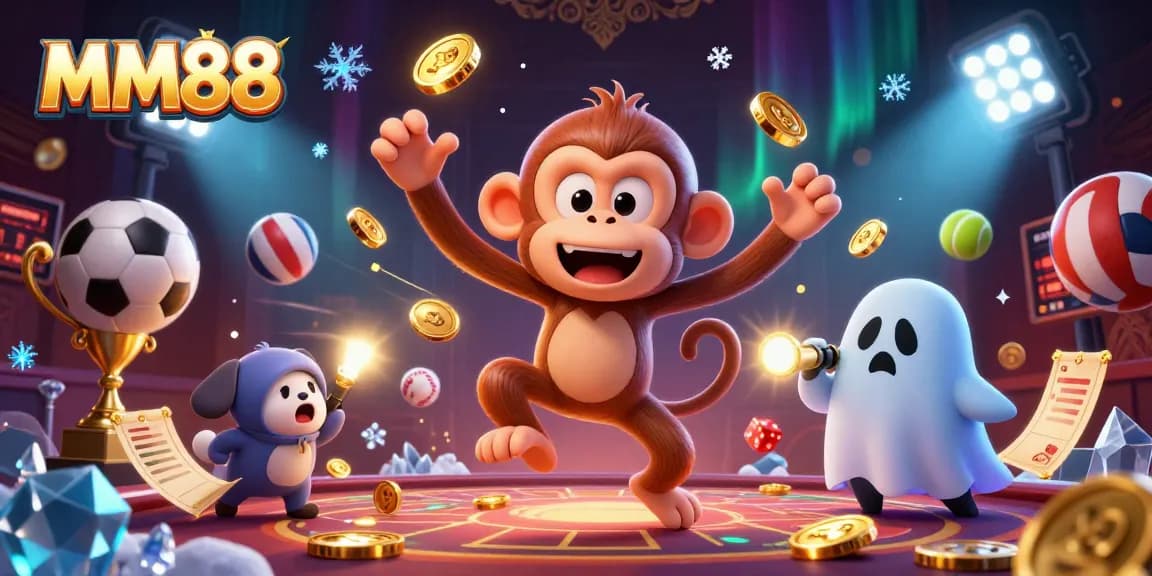Engage in thrilling MM88 gameplay with a playful poltergeist and ghost-hunter puppy in a lively casino.