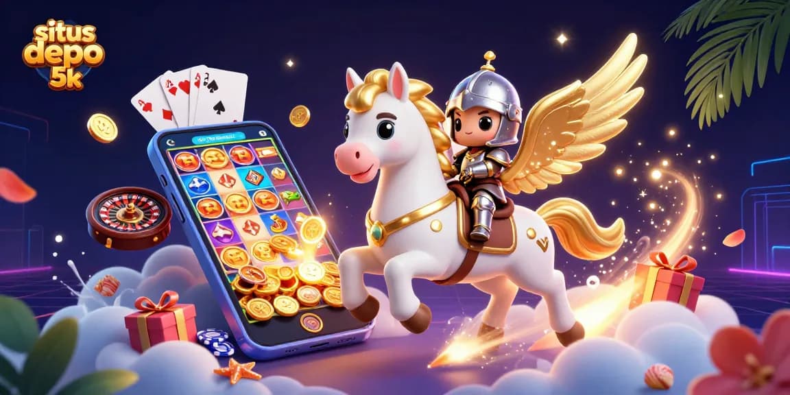 Experience winning excitement at situs depo 5k with a vibrant 3D casino scene featuring slot games and golden coins.