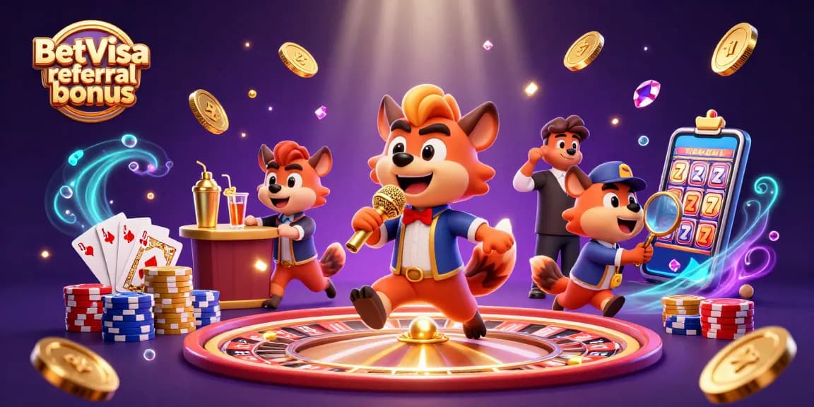 Earning rewards with the BetVisa referral bonus, featuring animated hyenas in a vibrant casino setting.