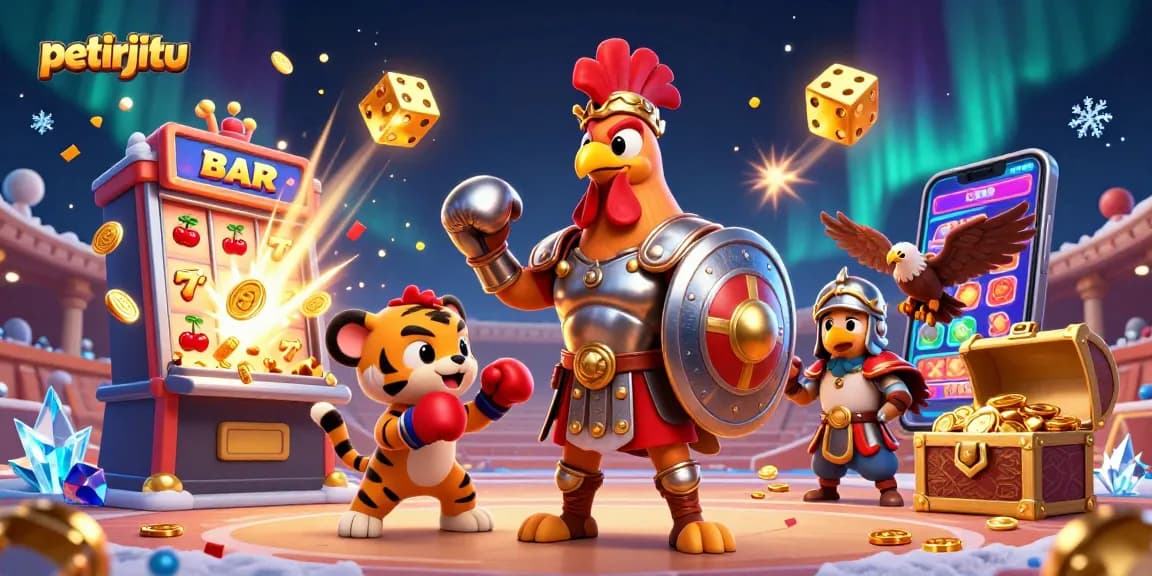 Petirjitu menghadirkan ilustrasi 3D gladiator dengan mesin slot yang berkilau dan simbol keberuntungan.