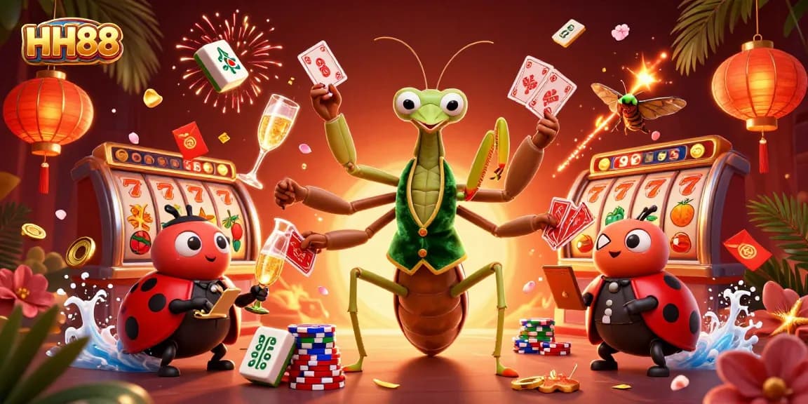 Experience exhilarating gaming at HH88 with our vibrant casino illustration showcasing card sharp characters and rich elements.