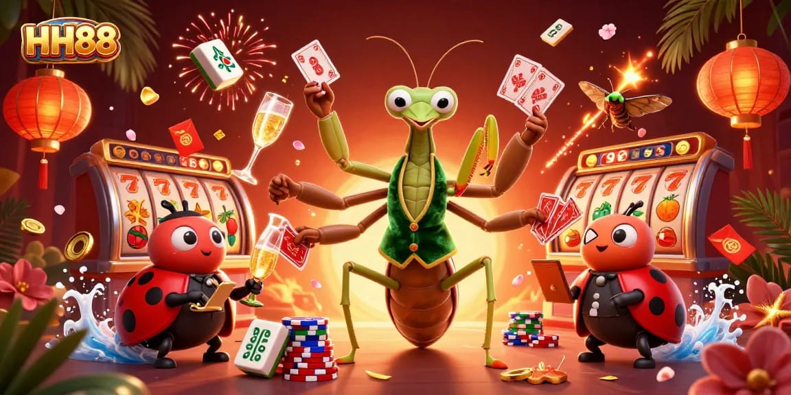 Experience exhilarating gaming at HH88 with our vibrant casino illustration showcasing card sharp characters and rich elements.