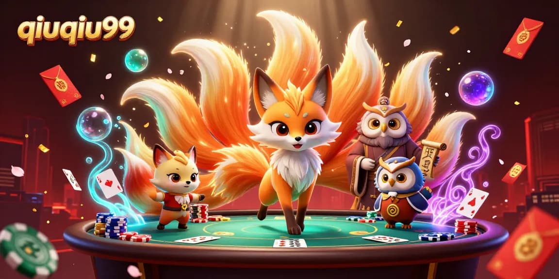 Engage with qiuqiu99 in a vibrant 3D scene featuring playful poker elements and mystical characters.