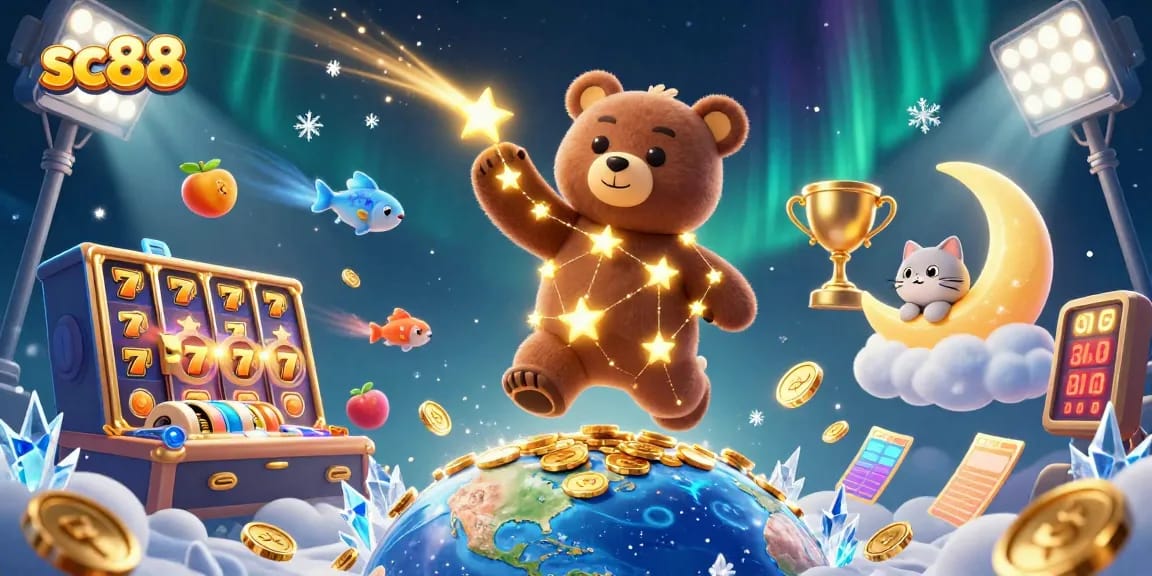 Win big with sc88 as the constellation bear scoops up coins surrounded by lively slot game elements.