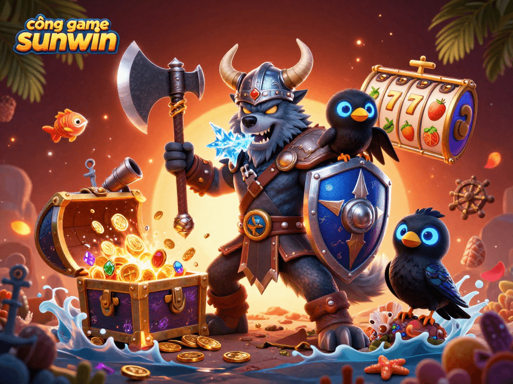 Experience the excitement of cổng game sunwin with a heroic Viking wolf warrior and vibrant casino elements.