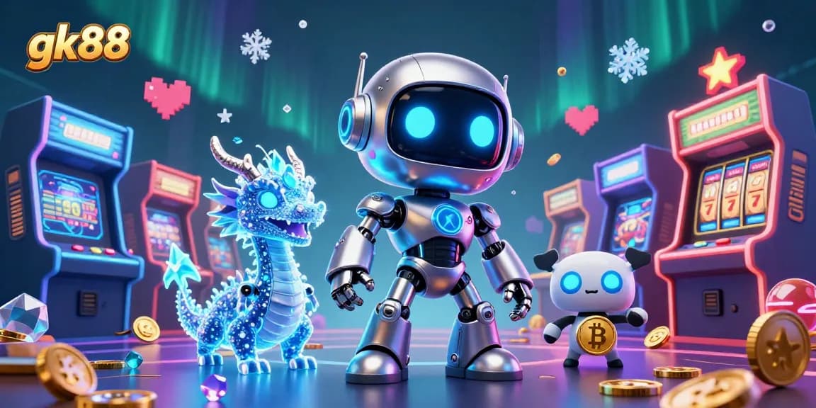 Engage with gk88's vibrant casino scene featuring a cyberpunk robot, holographic dragon, and bitcoin drone.