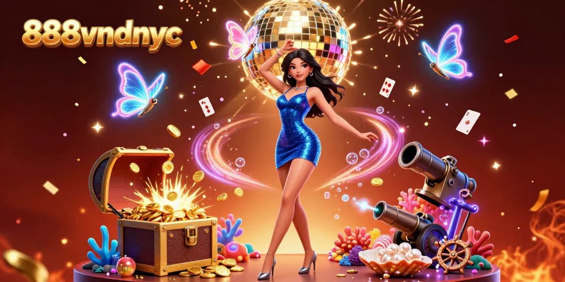 The vibrant illustration showcases 888vndnyc's thrilling casino experience with a glamorous character dancing among casino treasures.