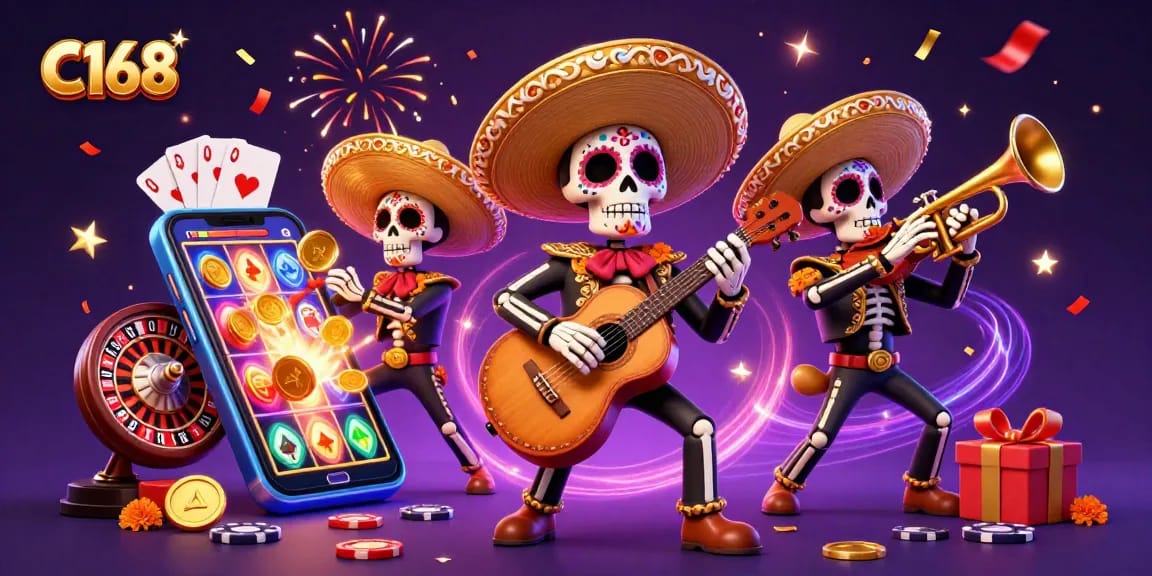 C168 engages players with a vibrant slot game featuring skeleton mariachi characters and festive casino elements.