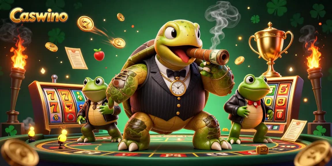 Experience the thrill at Caswino with a lively scene of a turtle in a mobster suit, flanked by bullfrogs, surrounded by vibrant slot elements.