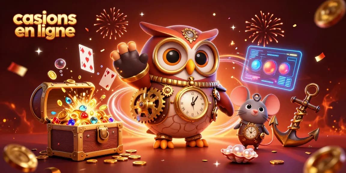 Découvrez l'excitation des casinos en ligne dans cette illustration 3D vibrante mettant en scène un hibou voyageur du temps et des éléments de casino.