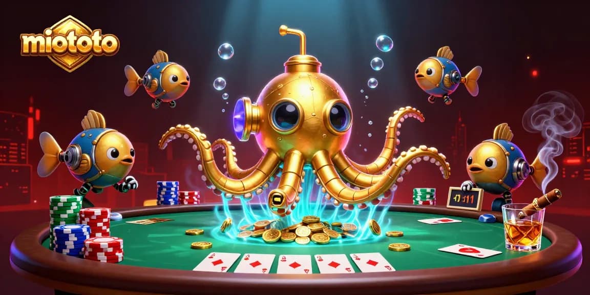 Engage with miototo's thrilling poker scene featuring a golden kraken submarine and rich gaming elements.