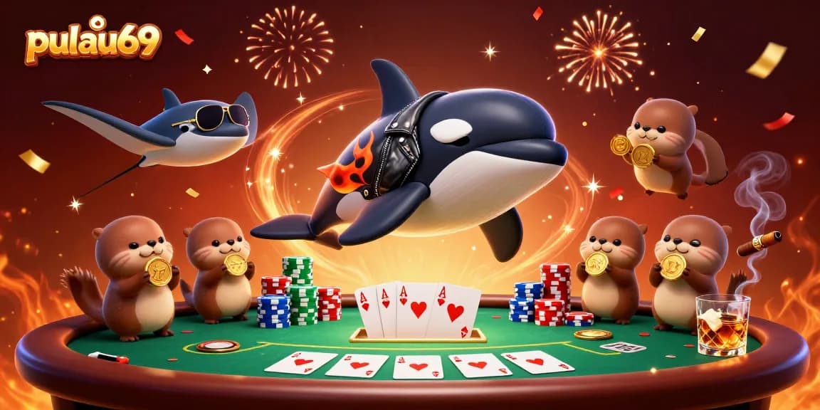 Experience the excitement of pulau69 with an orca, stingray, and otters in a vibrant casino scene.