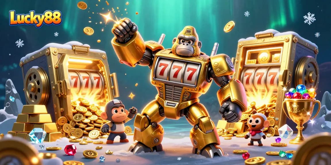 Experience thrilling wins with Lucky88, featuring a golden gorilla mech and dazzling game elements in a vibrant casino scene.