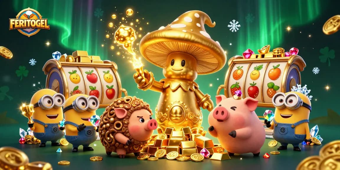 Engage with FERITOGEL's magical golden wizard and treasure scene in a dynamic 3D illustration.