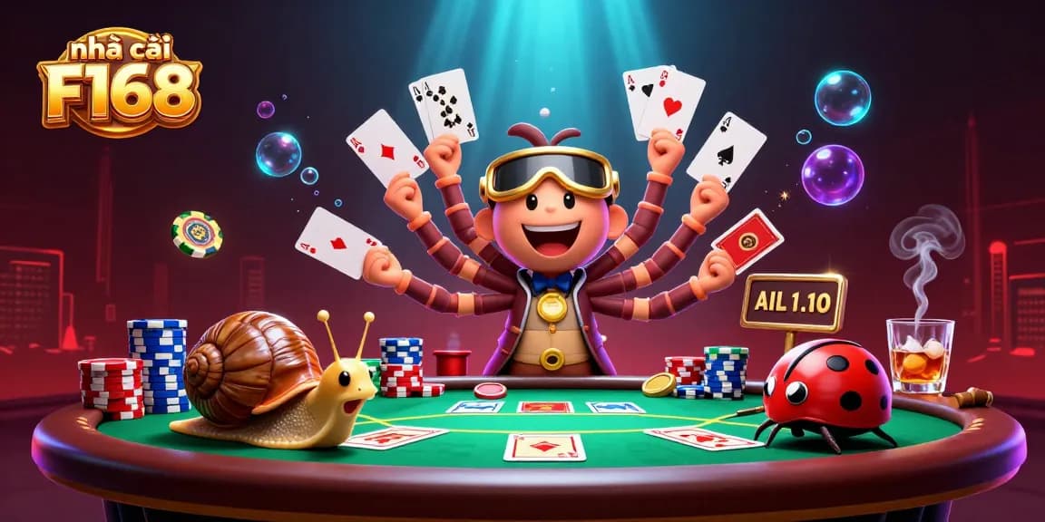 Experience the excitement at nhà cái F168 with a vibrant casino scene featuring unique characters and dynamic game elements.
