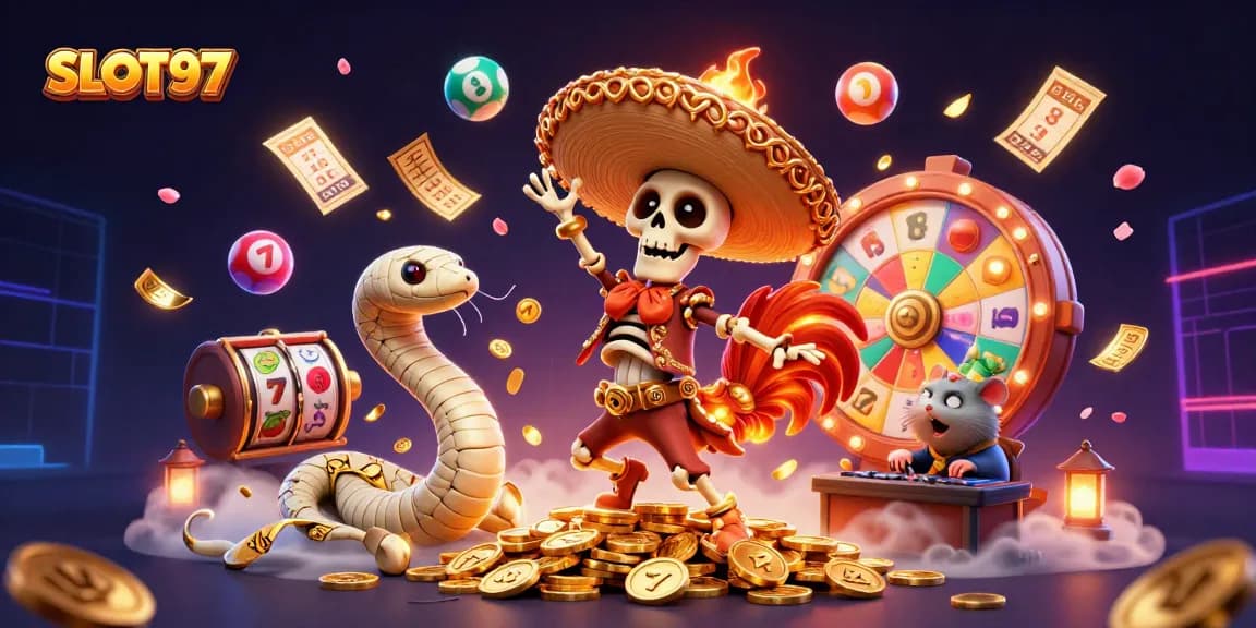 SLOT97 showcases thrilling slots with vibrant characters celebrating huge wins among the excitement