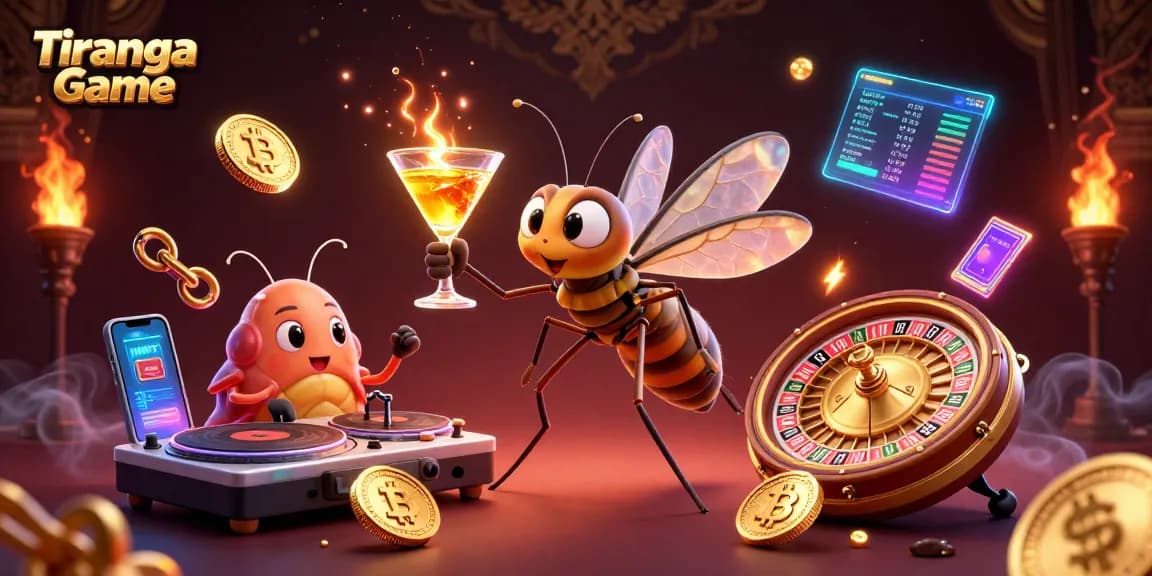 Tiranga Game showcases a vibrant casino scene with a frozen mosquito mascot, spinning trilobite DJ, and golden roulette.