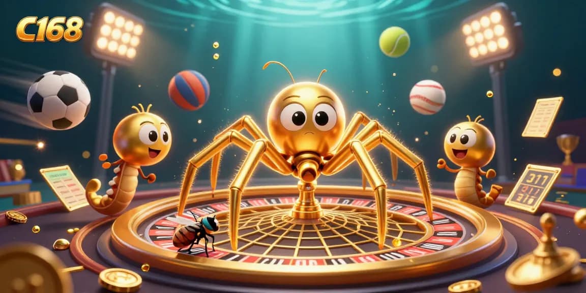 C168 entices with thrilling bets at a roulette wheel spun by a golden spider in a dynamic casino scene.