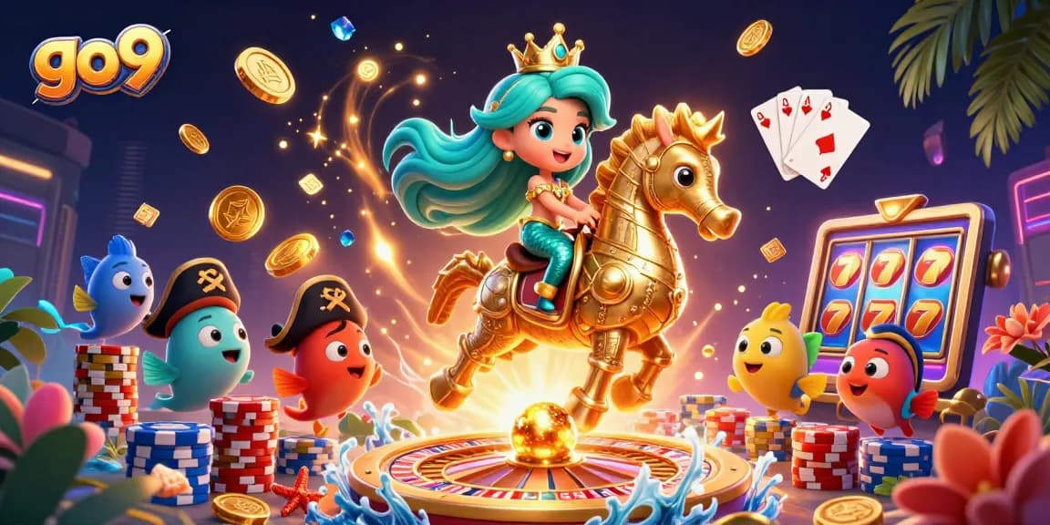 Play slots and win with go9, featuring a colorful mermaid and giant seahorse in a vibrant underwater casino scene.