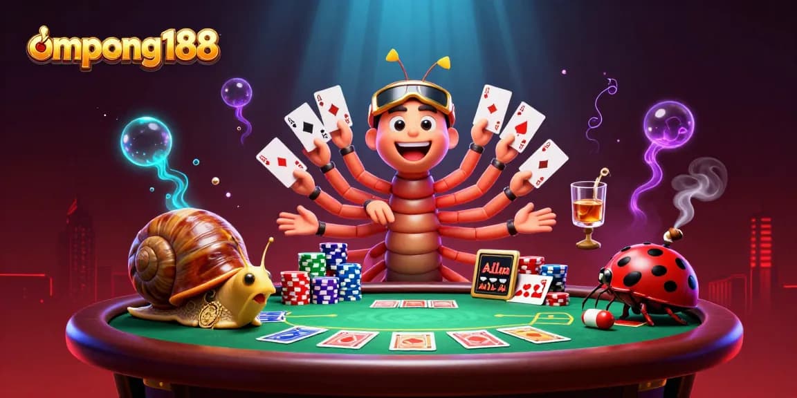 Permainan pemandangan seru di meja poker yang dipandu oleh ompong188, dealer kartun, dengan banyak chip menarik.