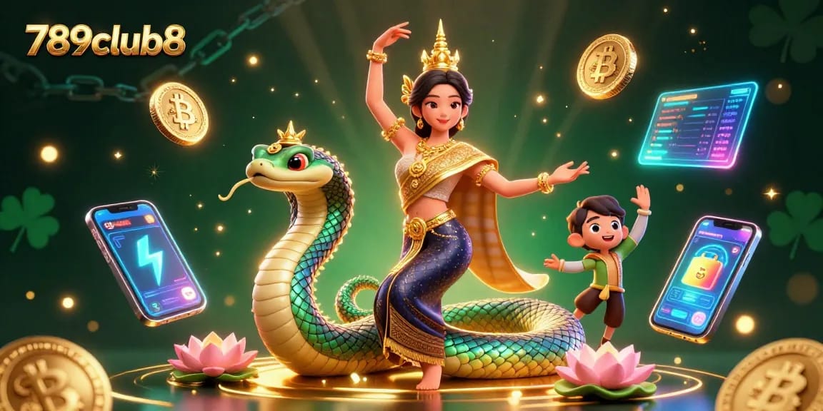 Experience thrilling gameplay at 789club8 with captivating visuals of traditional Thai elegance and crypto elements.