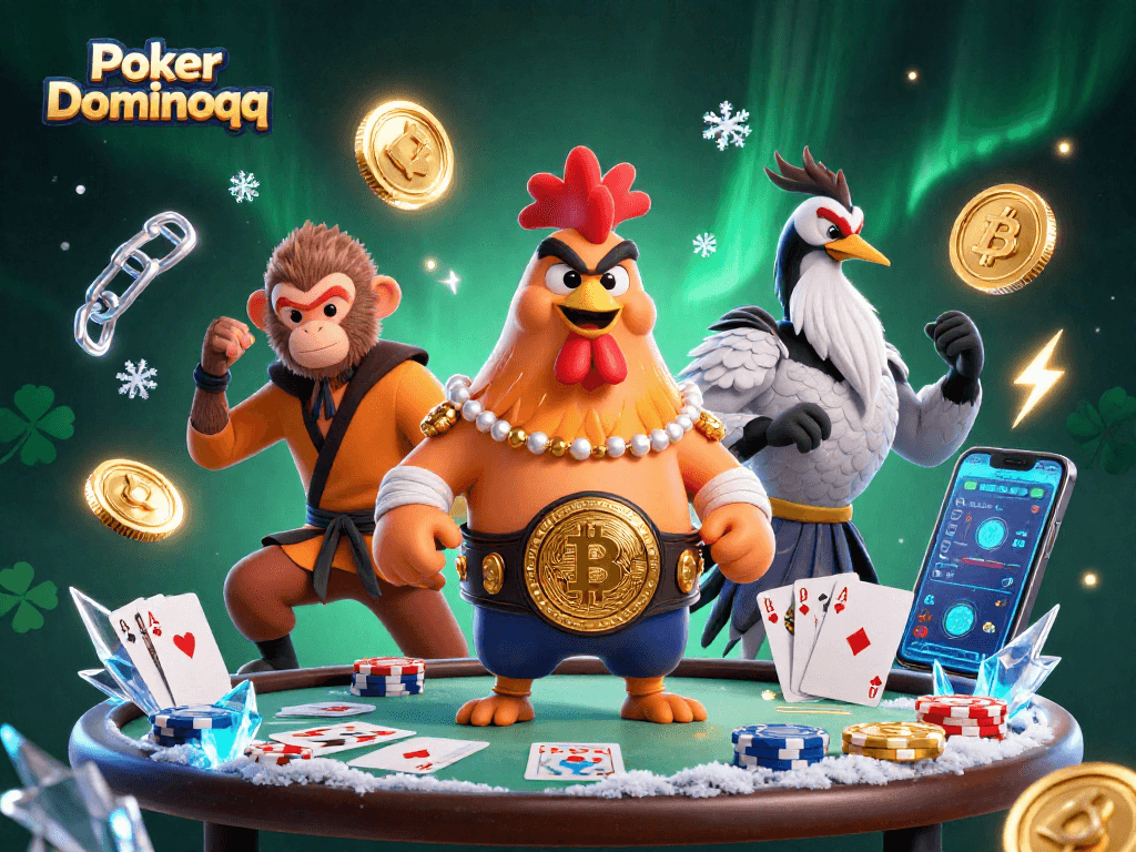 Engage with Poker Dominoqq in this vibrant 3D illustration featuring dynamic poker gameplay elements.