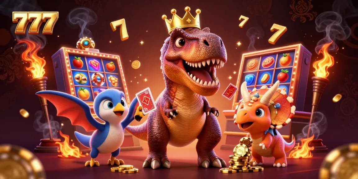 Engage with 777 slots as a T-Rex, a pterodactyl, and a triceratops celebrate winnings amid bright casino reels.