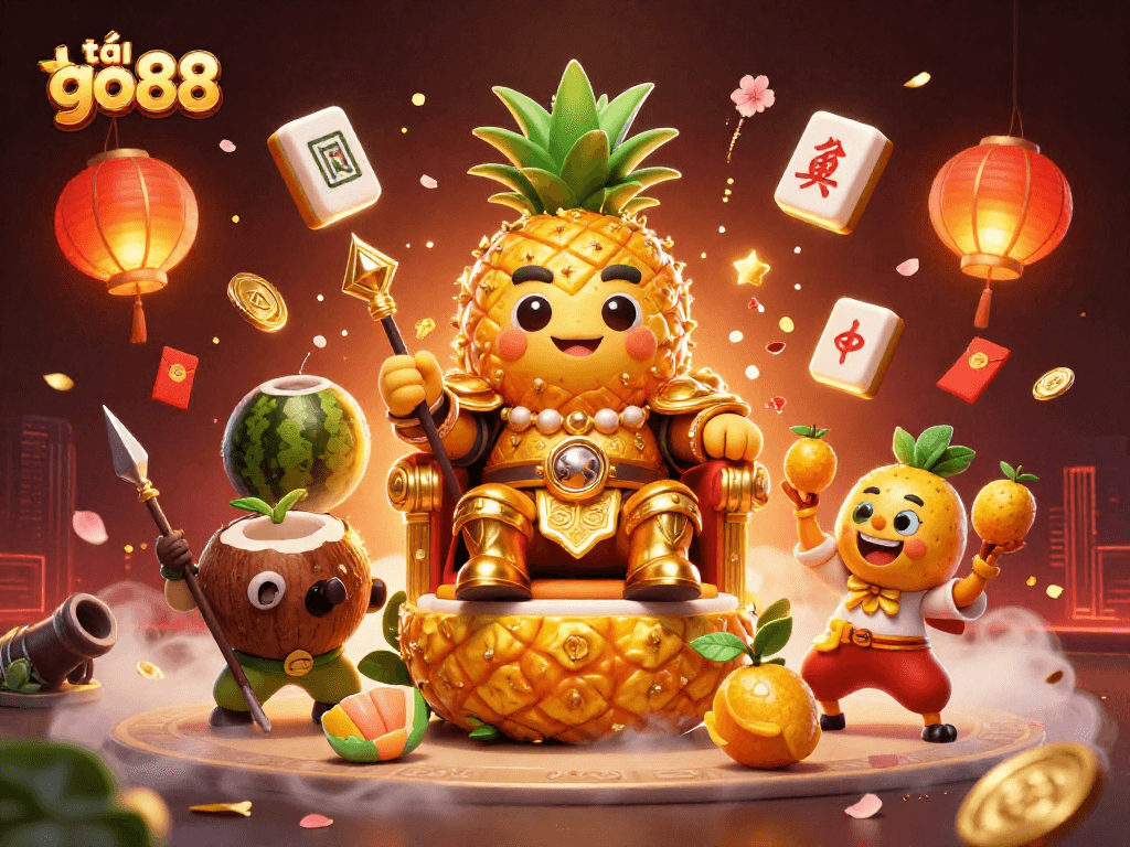 Exciting casino scene with the golden pineapple king; tải go88 for thrilling jackpot adventures.