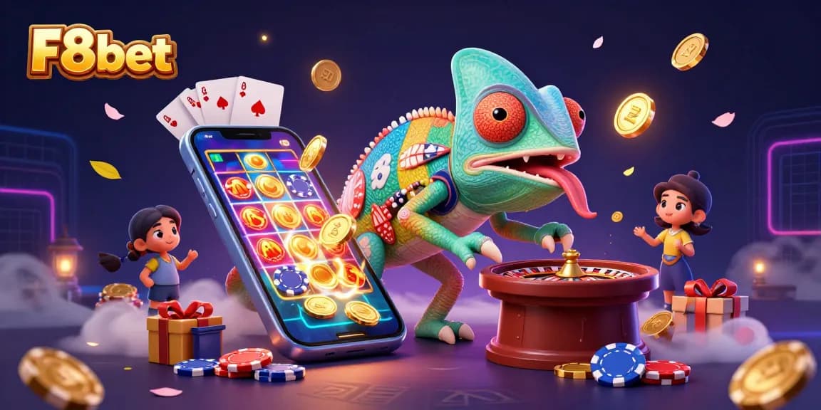 F8bet showcases dynamic gaming action with chameleon owner capturing golden coins in innovative casino scene.