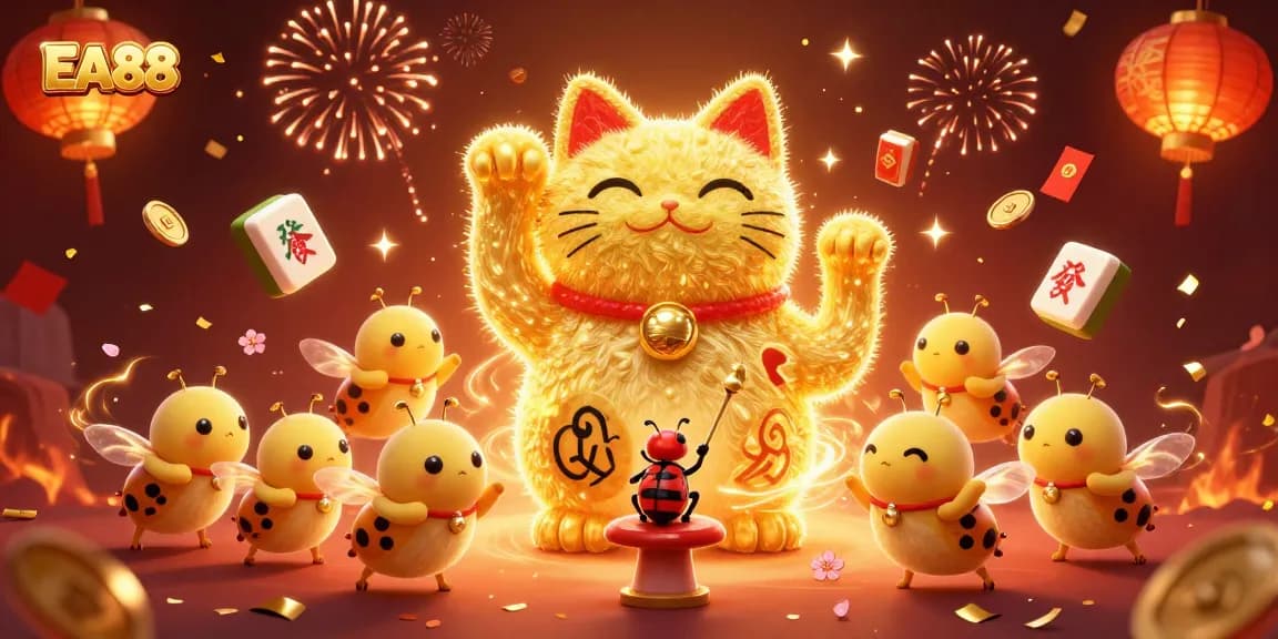Win big with EA88 at this vibrant casino-themed digital illustration featuring a giant lucky cat.