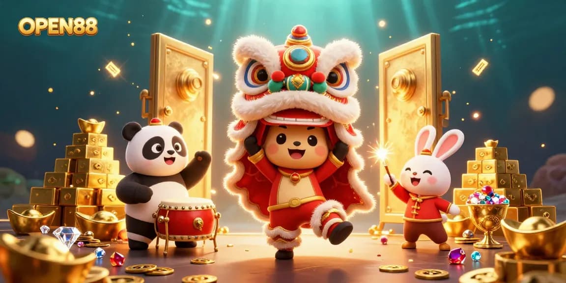 Experience winning moments at OPEN88 with an exciting illustration of a lion dance, panda, and treasures.
