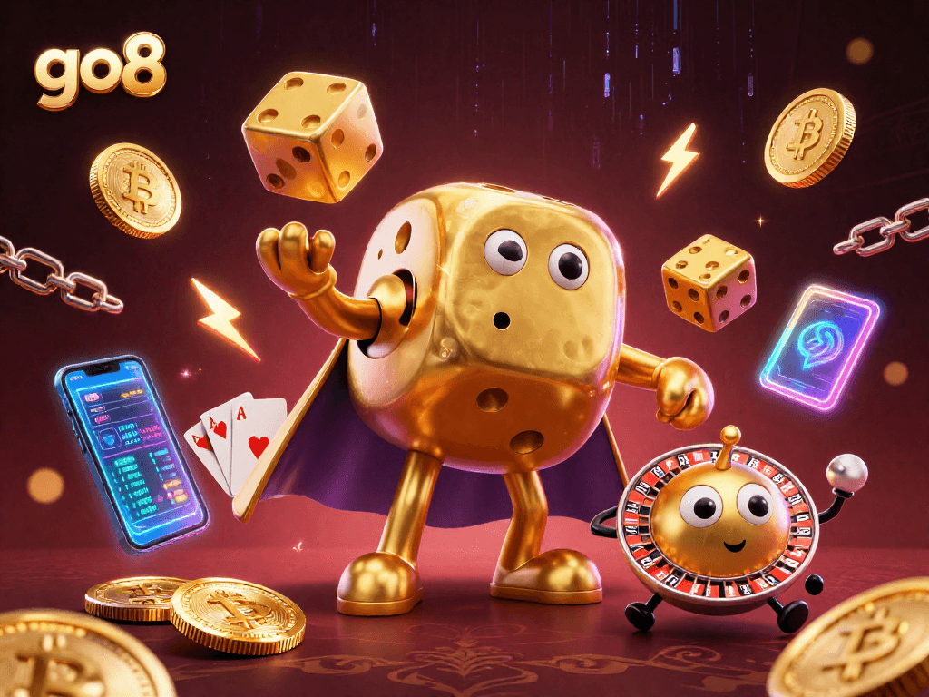 Join the gaming action with go8's vibrant online casino experience featuring golden dice and crypto coins.
