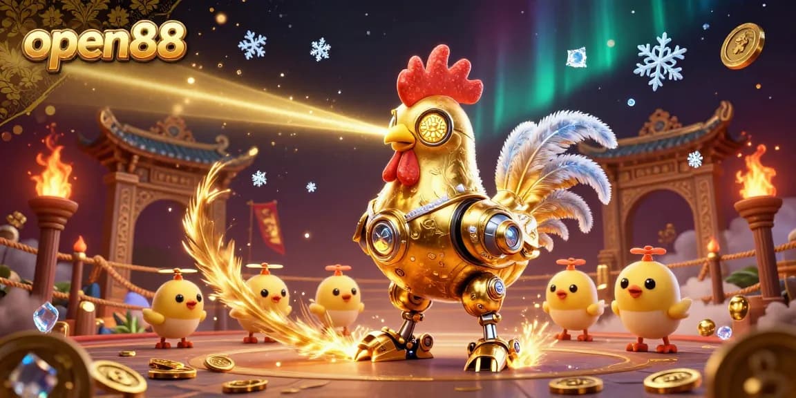 Experience the thrill of open88 with a golden rooster robot and baby chick drones in a vibrant casino scene.