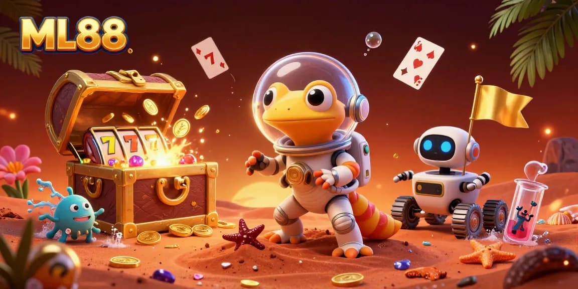 Engage with ML88's vibrant online casino experience featuring a Martian gecko amidst treasures.