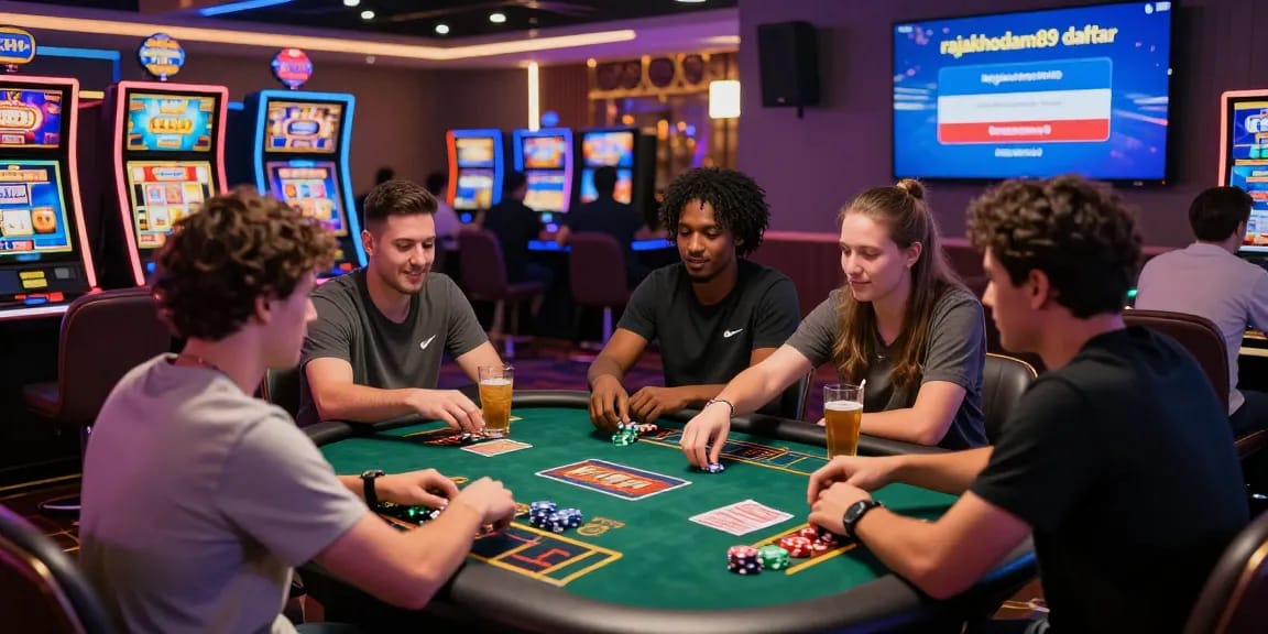 A lively gaming scene with players engaging in "rajakhodam89 daftar" registration at a vibrant casino table.
