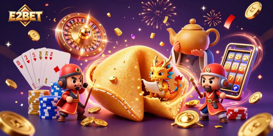 E2BET’s vibrant casino scene showcases thrilling gameplay with gold coins cascading from a giant fortune cookie.