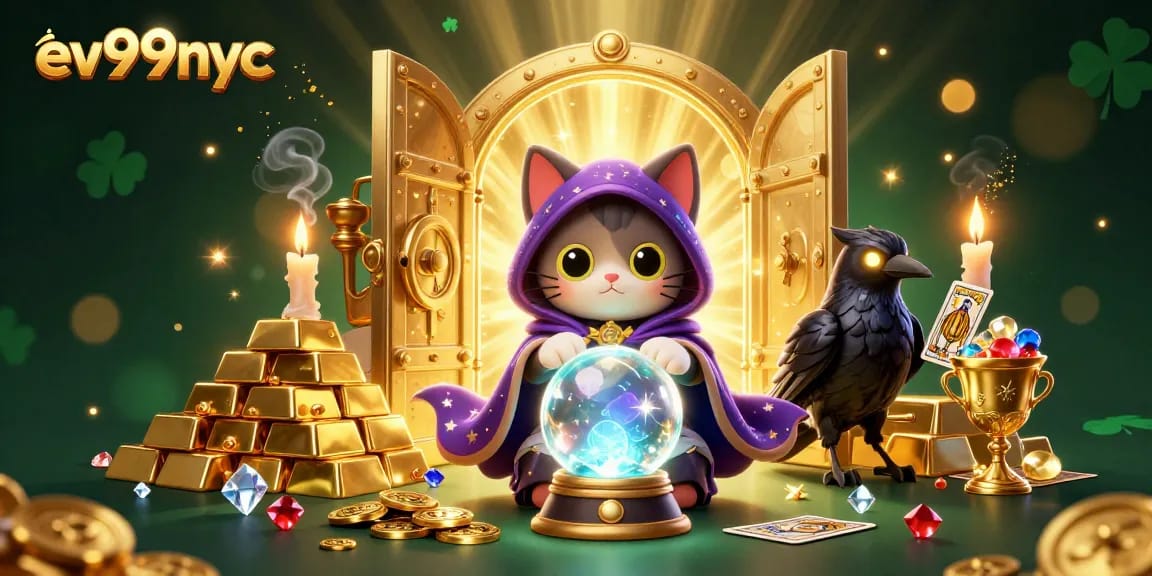 Experience thrilling gameplay with ev99nyc at the mystical casino featuring a fortune teller cat and raven.