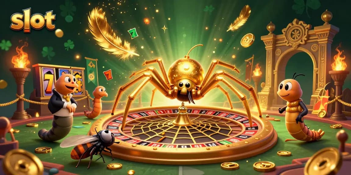 Engaging scene of a slot-themed game with a golden spider web roulette, a betting fly, and animated croupier.