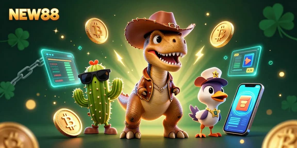 Join the fun at NEW88 with a vibrant 3D illustration showcasing dynamic casino elements.