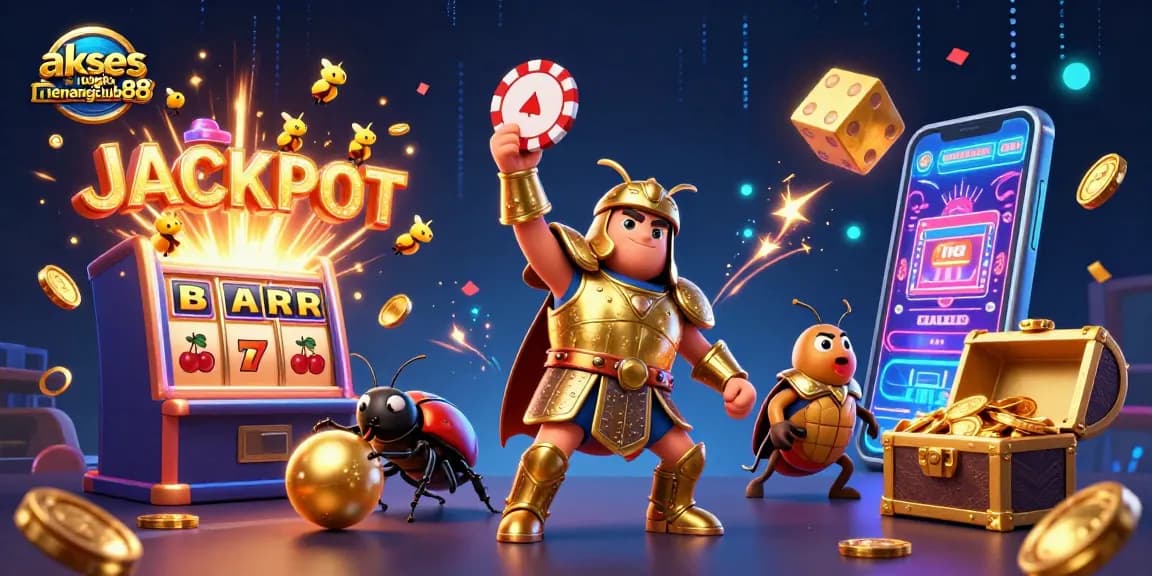 Engage in the excitement of akses login menangclub88 with a vibrant 3D casino scene featuring golden elements and animated characters.