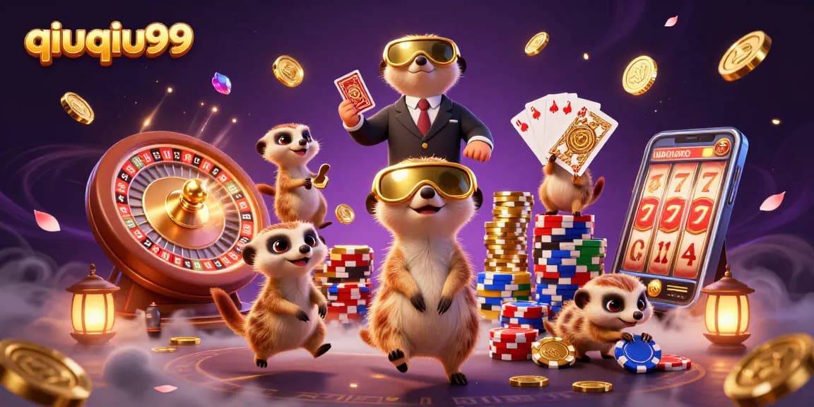 Engage with qiuqiu99 in a lively 3D casino scene featuring meerkats managing games, coins, and cards.