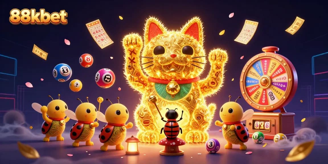 Engage with 88kbet's vibrant casino world featuring exciting game symbols and energetic scenes.