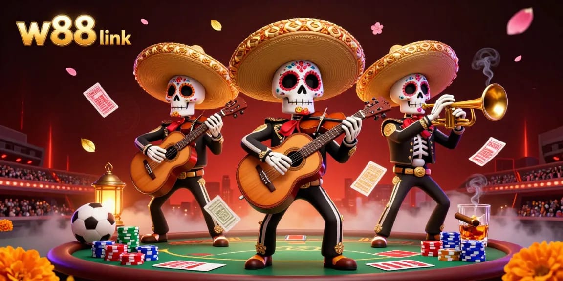 Engage with the thrilling w88 link scene showcasing vibrant sports betting action and colorful mariachi characters.