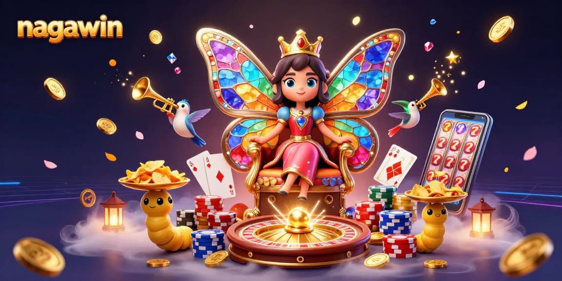 Nagawin menghadirkan ilustrasi kasino digital dengan ratu kupu-kupu dan banyak koin emas.