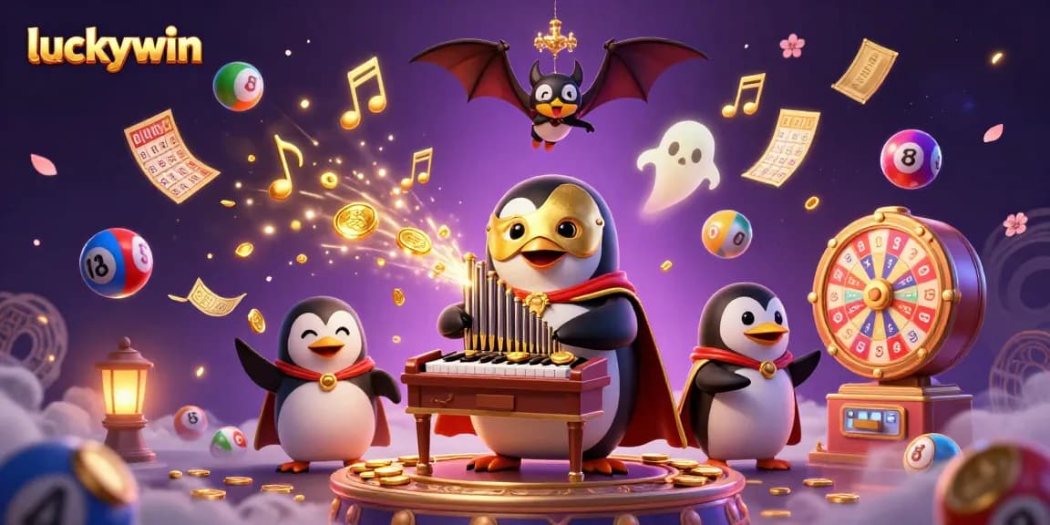 Engage with exciting luckywin casino games featuring a playful penguin organist surrounded by vibrant elements.
